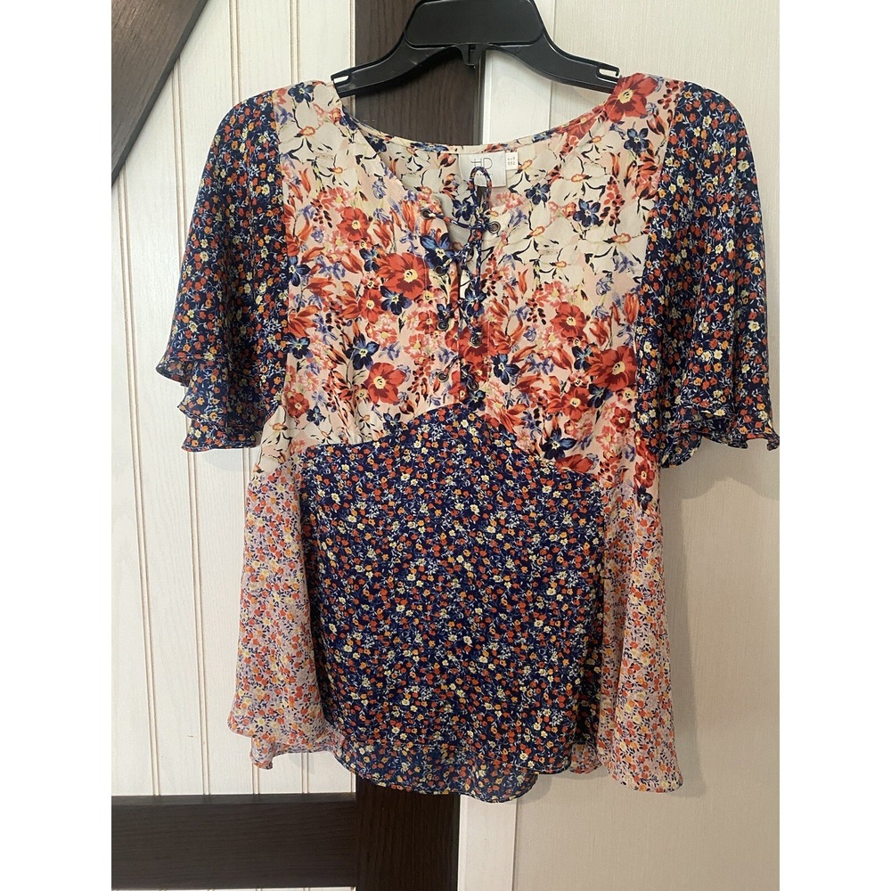 Anthropologie HD In Paris Faithe Lace Up Floral Short Sleeve Blouse Size 4